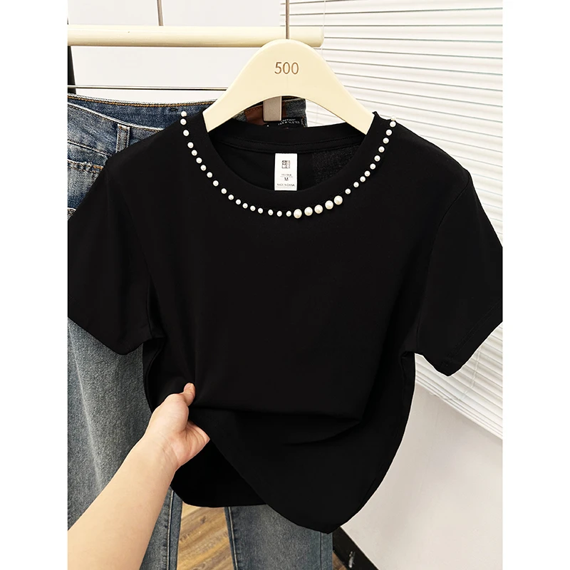 重工钉珠圆领正肩短袖t恤女2025夏季新款韩版设计感时尚显瘦上衣