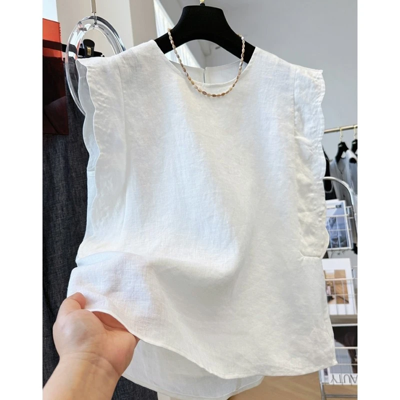 P0307独特小飞袖波浪边外穿马甲背心女夏季高端亚麻无袖小衫上衣