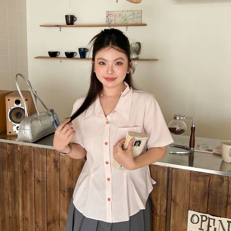 【现现专场】新款大码女装正肩学院风POLO领衬衫掐腰短款刺绣上衣