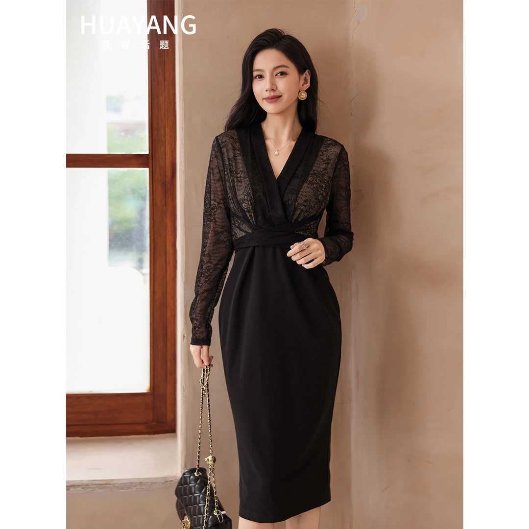 法国茵芝本INZB高级感早秋连衣裙女性感蕾丝包臀后妈裙薄纱裹身裙