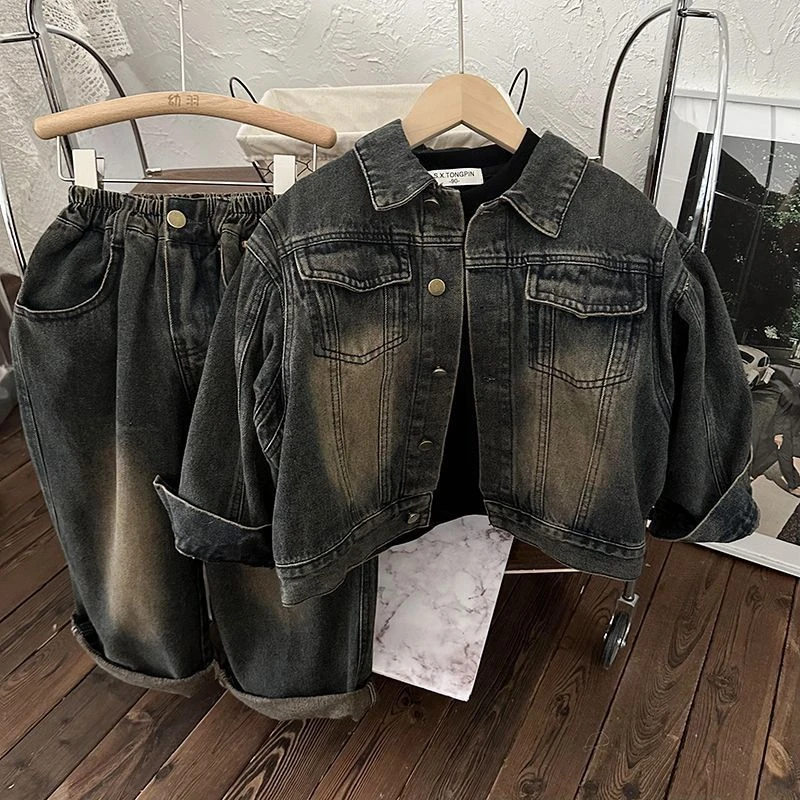 儿童韩版春秋款新款男女宝宝复古磨砂外套韩版宽松牛仔俩件套FY