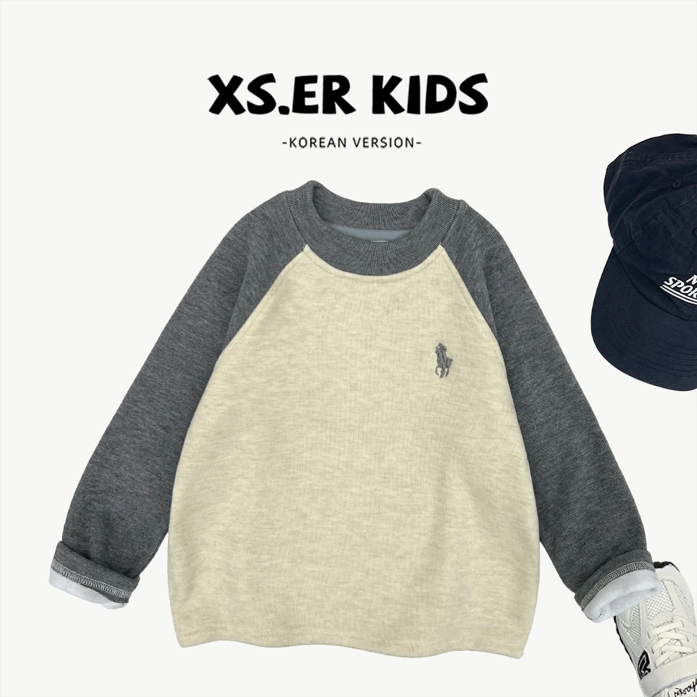 【小首尔】男女童冬加绒加厚韩版插肩袖卫衣撞色刺绣长袖T恤HBB8180