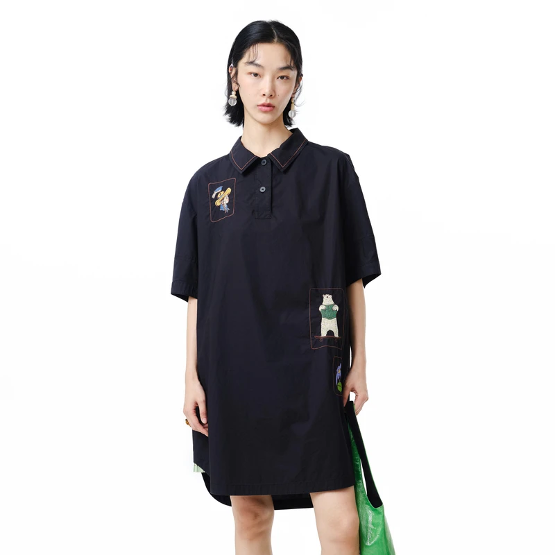 MOVEUP幻走2025夏季新款.FUN 方块绣花侧插袋梭织连衣裙325221367