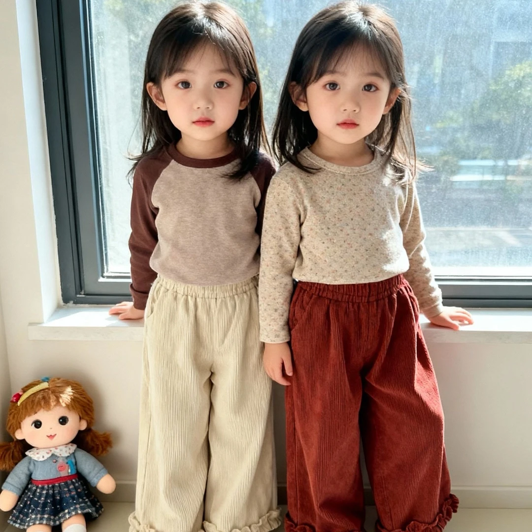 1001女童木耳边加厚棉条绒阔腿裤百搭秋冬出门必备裤1001