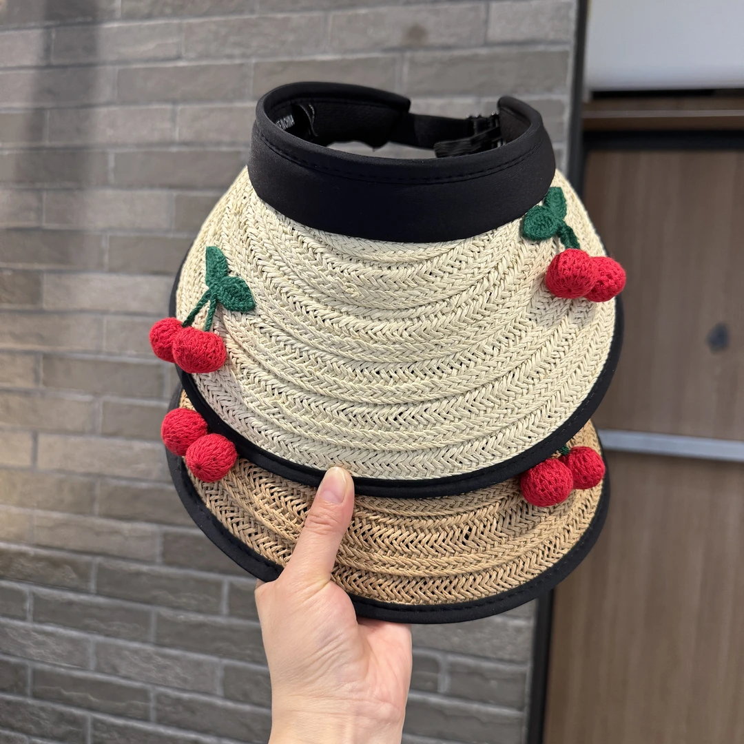 【樱缀流苏】日系可爱樱桃草编空顶帽女宝宝夏季大帽檐遮阳防晒帽韩