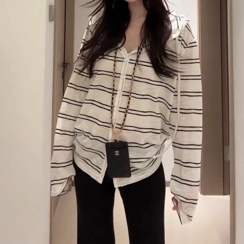 大码胖mm2025早秋长袖连帽条纹开衫T恤女夏季慵懒薄款防晒上衣