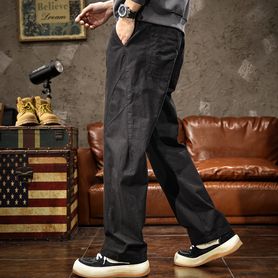 法国Cebrodz美式高端休闲裤男夏季2025纯棉拼接直筒宽松工装裤