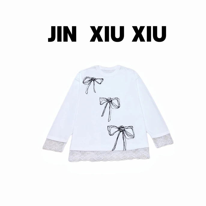 JINXIUXIU秋季新款三个蝴蝶结蕾丝拼接宽松韩系甜美长袖上衣915