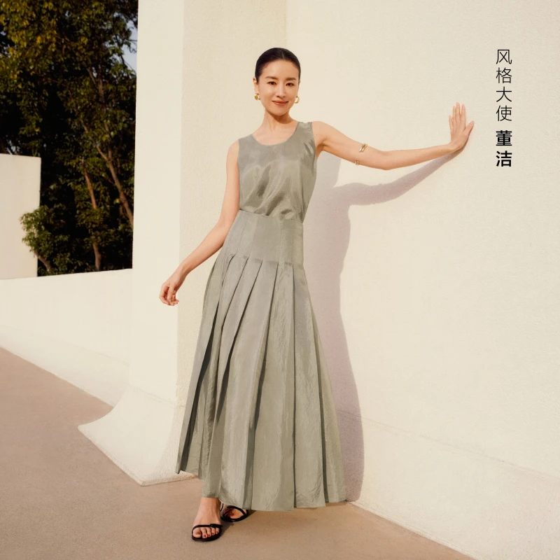 【董洁同款】edition2025夏季新款微皱高腰百褶半身裙#EBE2SKT035