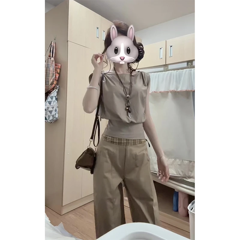 复古辣妹后绑带无袖背心衬衫女夏季修身露背小衫收腰阔腿裤两件套