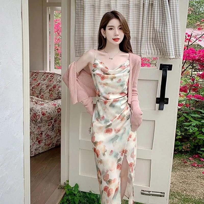 法式温柔吊带裙碎花包臀连衣裙小开衫女气质性感长裙2025夏季新款