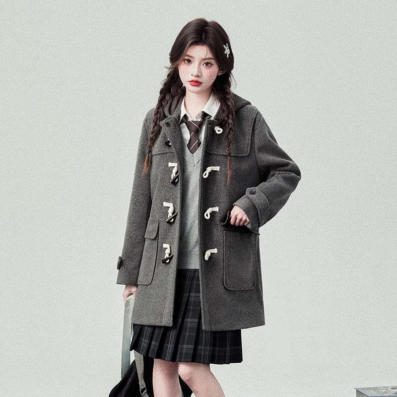 花铃太太【梵高印象】牛角扣长款大衣秋冬2025新款女连帽毛呢外套