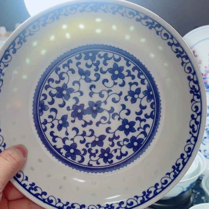 青花玲珑8寸窝盘紫荆花