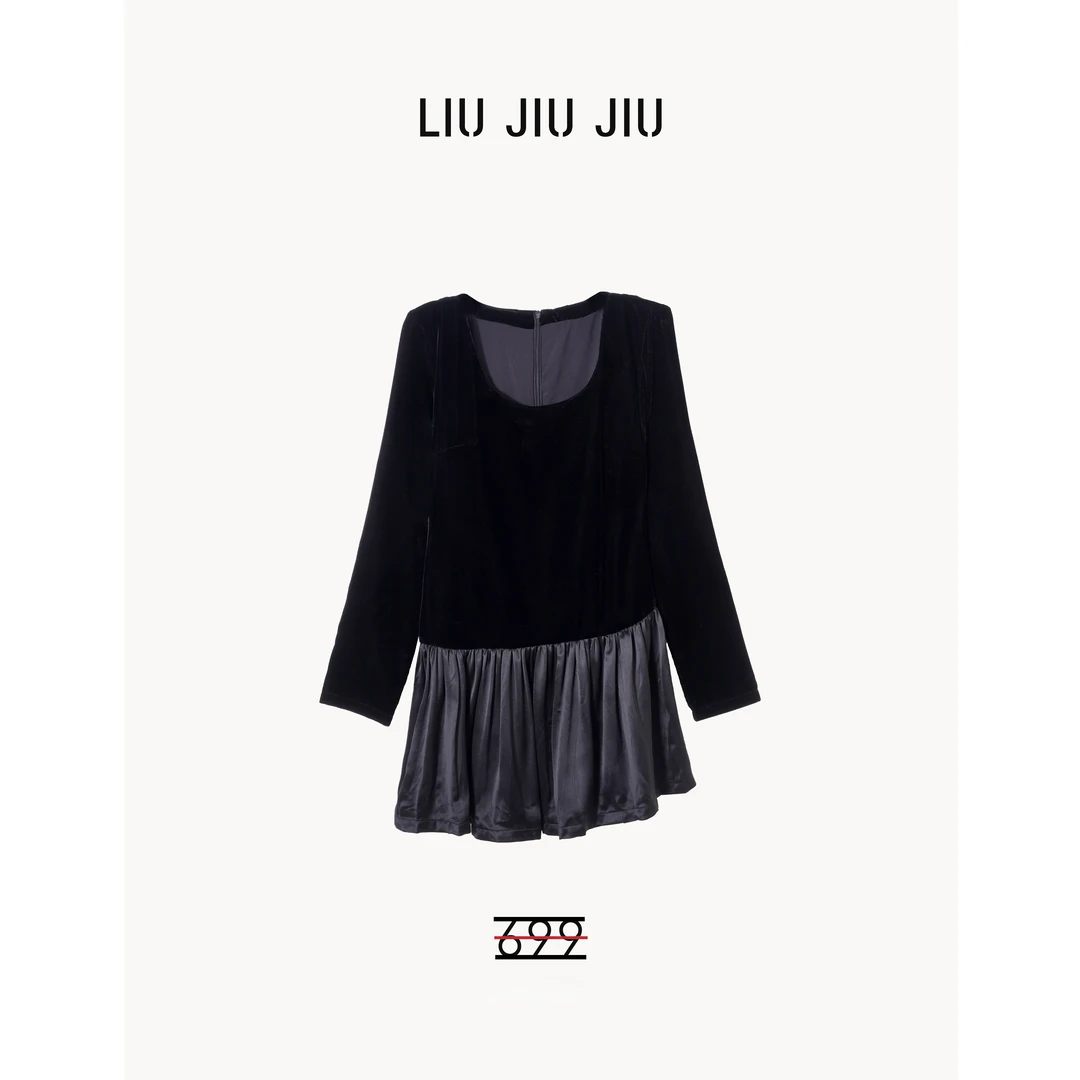 LIUJIUJIU 欧货时尚高级轻奢感气质圆领丝绒拼接连衣裙LYQ4704L