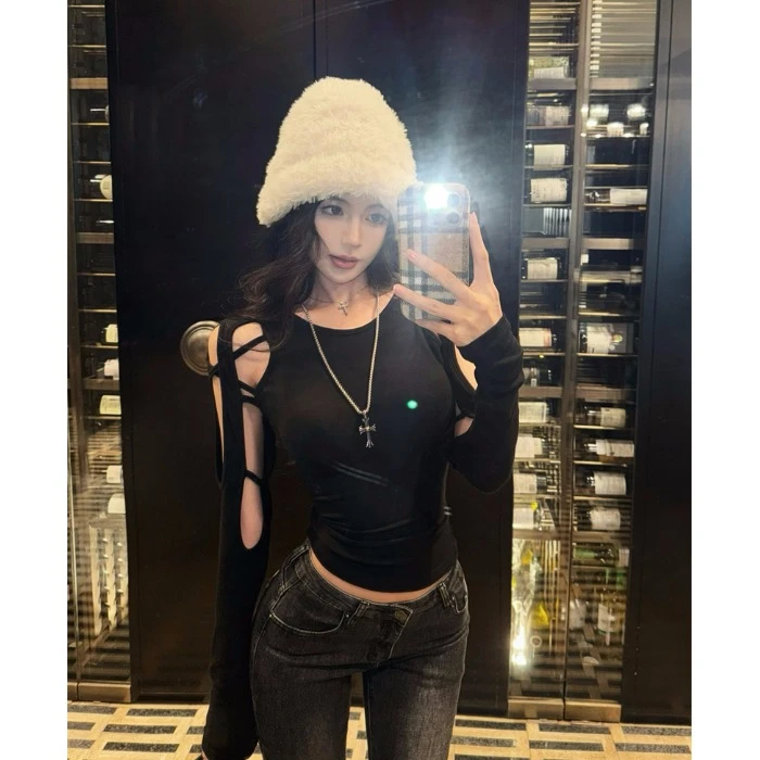 美式辣妹镂空长袖T恤女春季紧身修身内搭设计感黑色收腰打底上衣