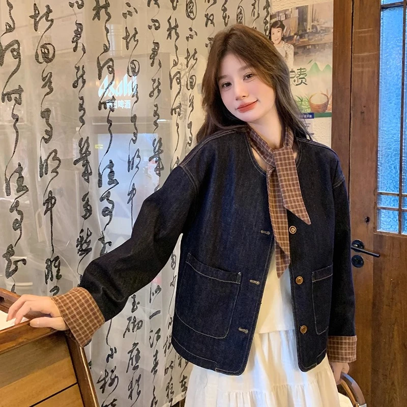 彩俏芝小个子牛仔外套女短款休闲气质2025春秋复古宽松圆领夹克