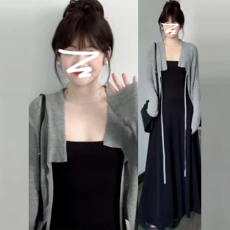 赫本风黑色吊带连衣裙子女2025新款春秋季韩系穿搭高级感长裙开衫