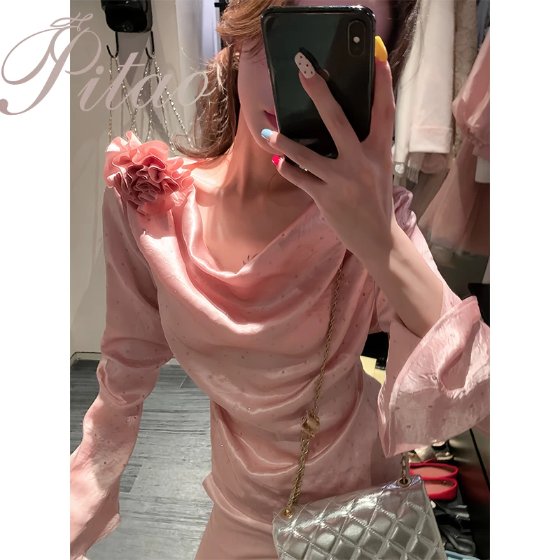 杜屁屁桃PITAO 原创【红粉佳人】设计感时尚轻奢100%醋酸上衣+裤子