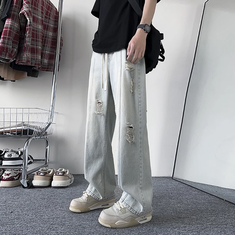 2025年新款破洞牛仔裤男宽松直筒复古抽绳港风百搭休闲水洗长裤男