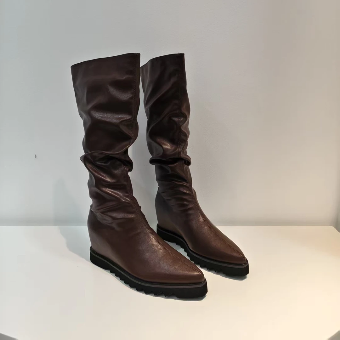 棕色【单里】D2-1长筒靴女2025新款靴女高筒显瘦百搭不过膝女靴
