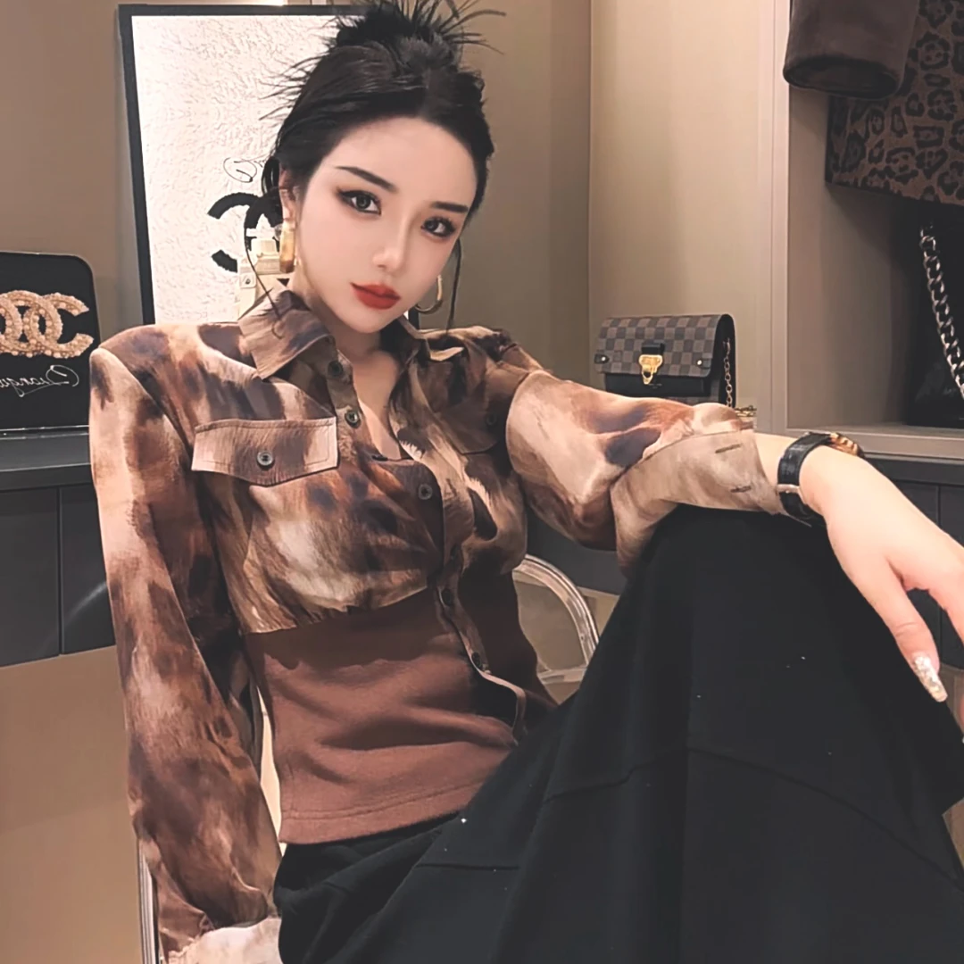 莎火火-印花拼接设计感衬衫收腰显瘦雪纺泡泡袖上衣春夏女装5223