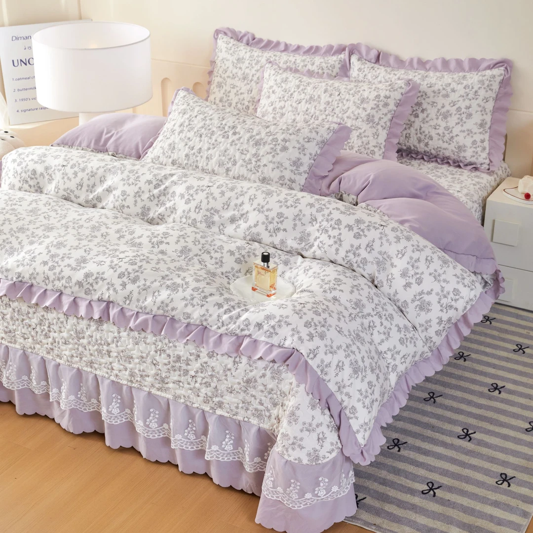 【水洗棉麻床盖被套四件套】蕾丝花边韩式床裙柔软舒适A类可机洗