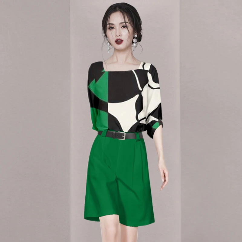 御姐休闲套装女夏季2025撞色印花中袖衬衫百慕大短裤两件套