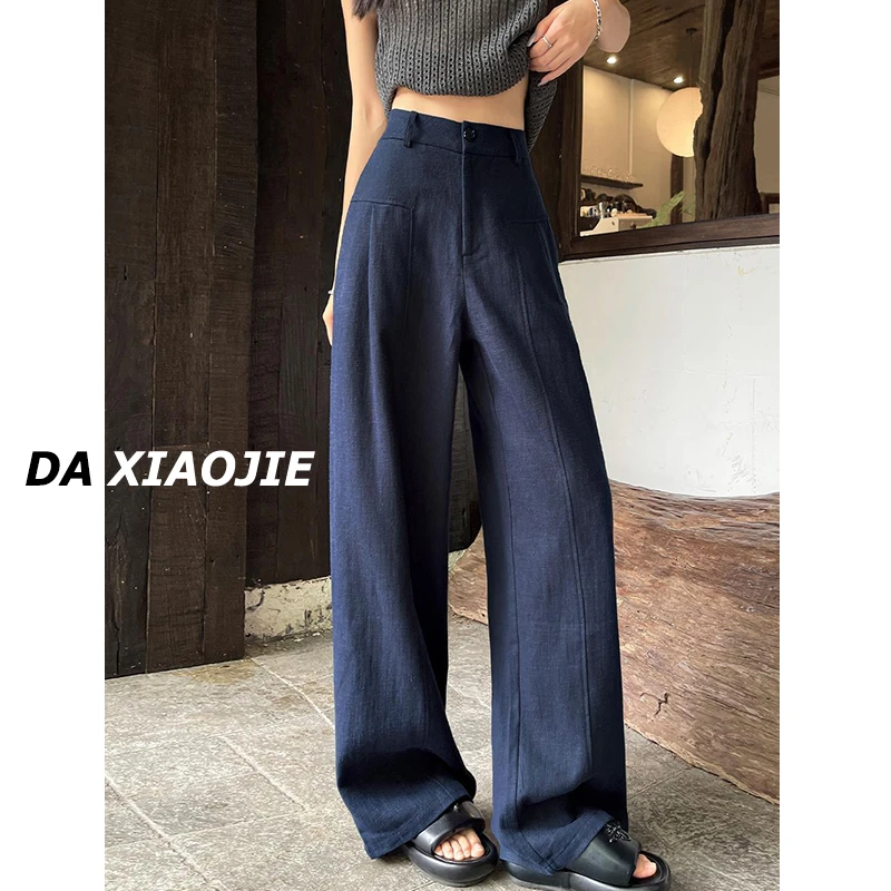 裤长110cm高个子加长180藏青色休闲裤女夏季薄款老钱风棉麻阔腿裤