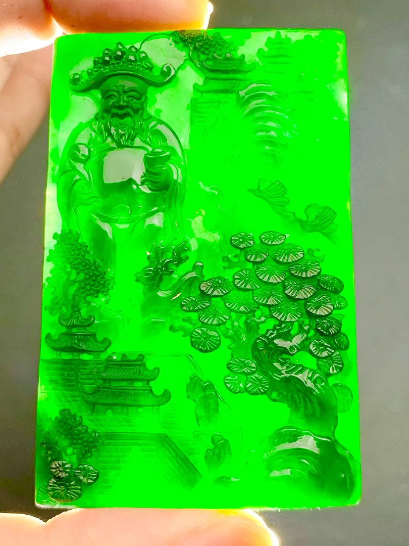 天然翡翠A货墨翠《山水财神》顺丰特快立体雕刻冰透精雕双面