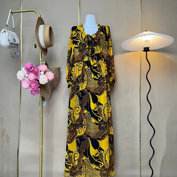 【74】黄色狂想木耳边v领绑带多种穿搭轻奢显瘦气质连衣裙