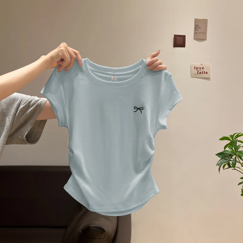 甜辣妹蝴蝶结刺绣圆领短袖夏季正肩T恤女褶皱弹力修身收腰短上衣