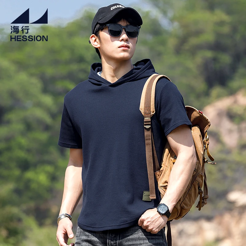 海行宝蓝色户外健身运动连帽短袖男 2025年夏季新款华夫格正肩T恤