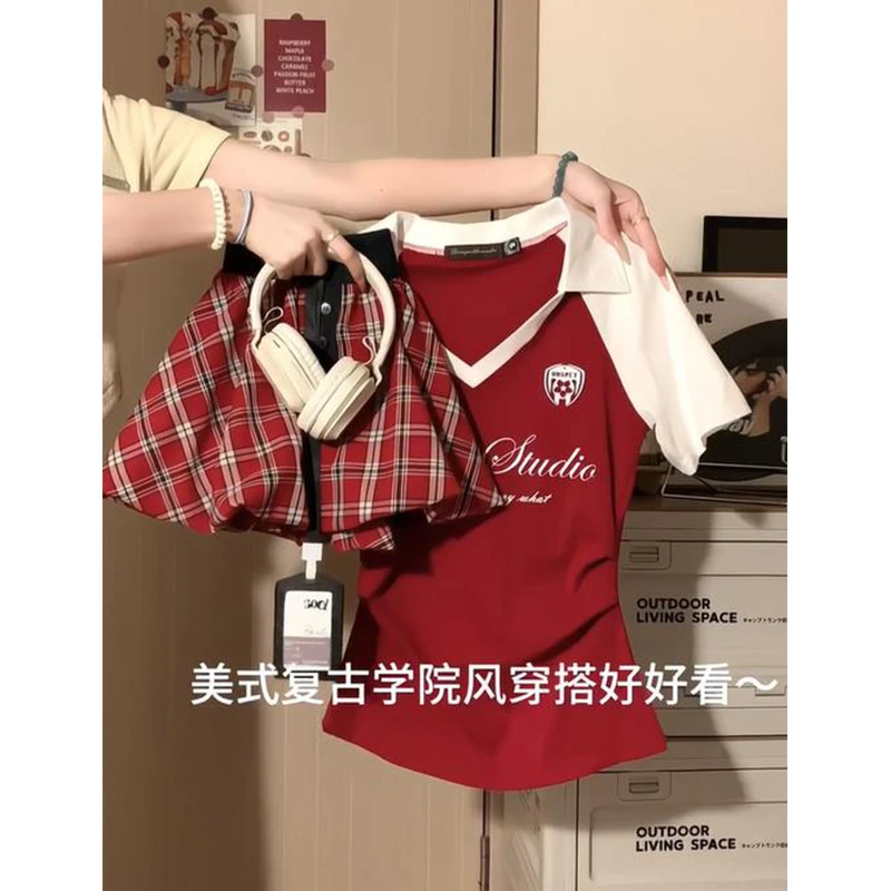 美式学院风POLO领短袖T恤格子半身裙套装女夏新款辣妹减龄两件套