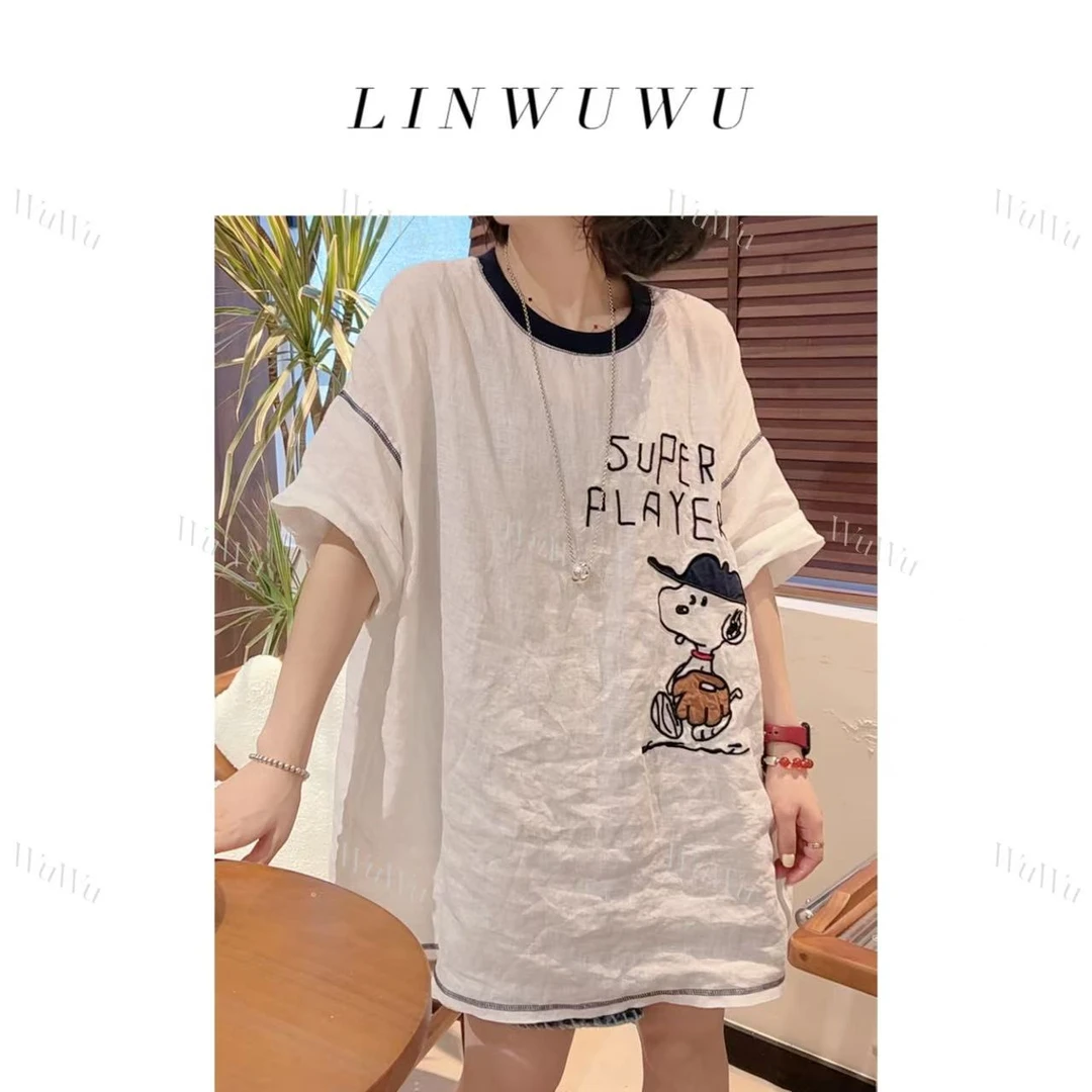 【五五定制】2025新款—夏季时尚休闲拼色圆领短袖卡通字母麻料T恤