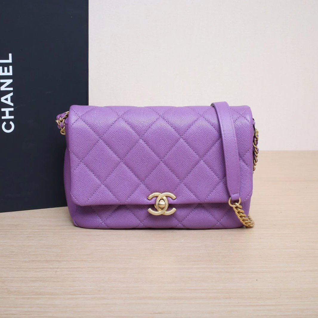 99新 Chanel/香奈儿 【双双】22P 口盖包 21cm 紫色 芯片双皮穿链