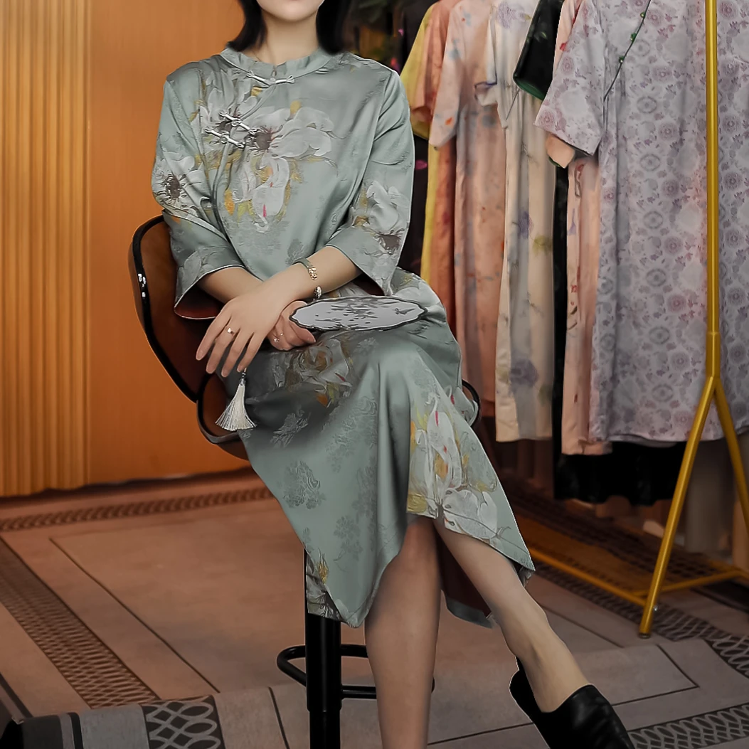 【玉兰花】夏季高端时尚气质印花复古中长款新中式日常女装连衣裙