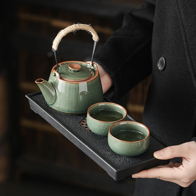 2025新款哥窑功夫茶具小套装家用个人提梁壶泡茶一壶二杯干泡茶盘