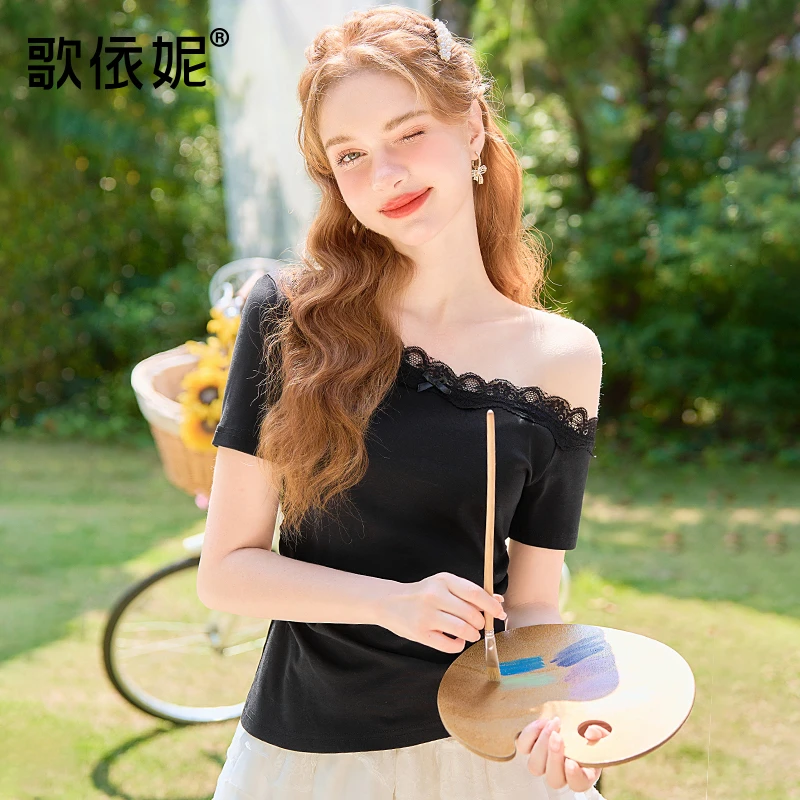 黑色露肩短袖t恤女2025新款夏季修身短款独特超好看蕾丝斜肩上衣
