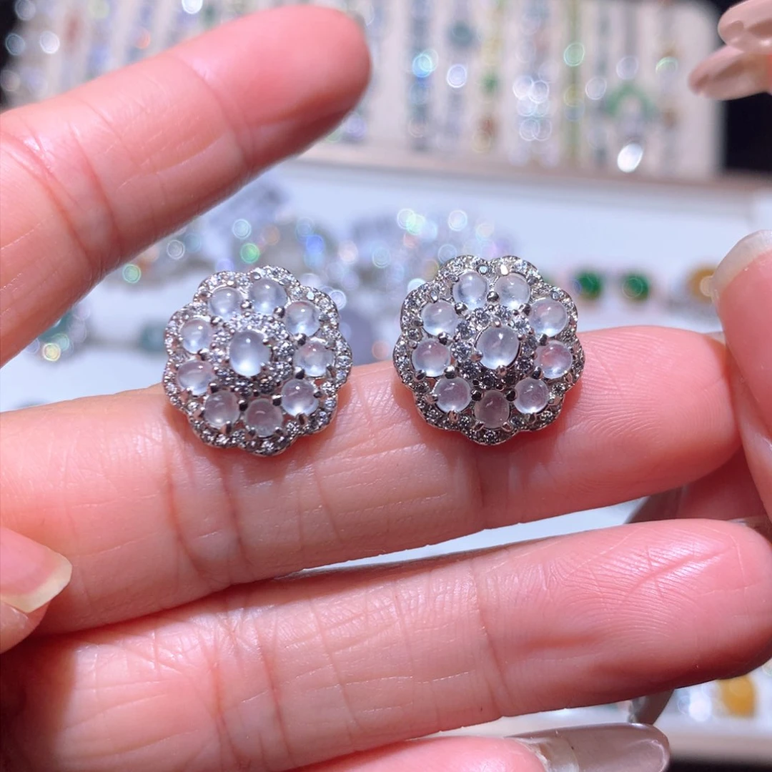 翡翠耳饰银S925镶嵌耳钉