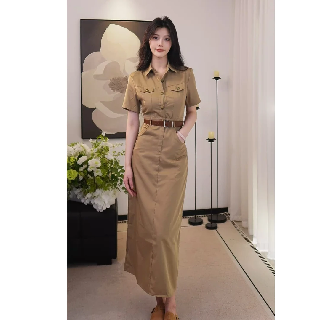 卡其色高级千金气质时尚Polo领工装设计夏季收腰显瘦长款连衣裙女