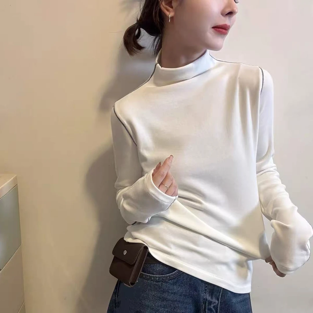 9029#时尚休闲半高领长袖T恤女秋冬通勤设计感打底衫简约百搭明线