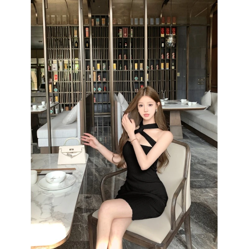 紫色披肩针织连衣裙女网红纯欲性感抹胸包臀裙一字肩独特绝美裙子