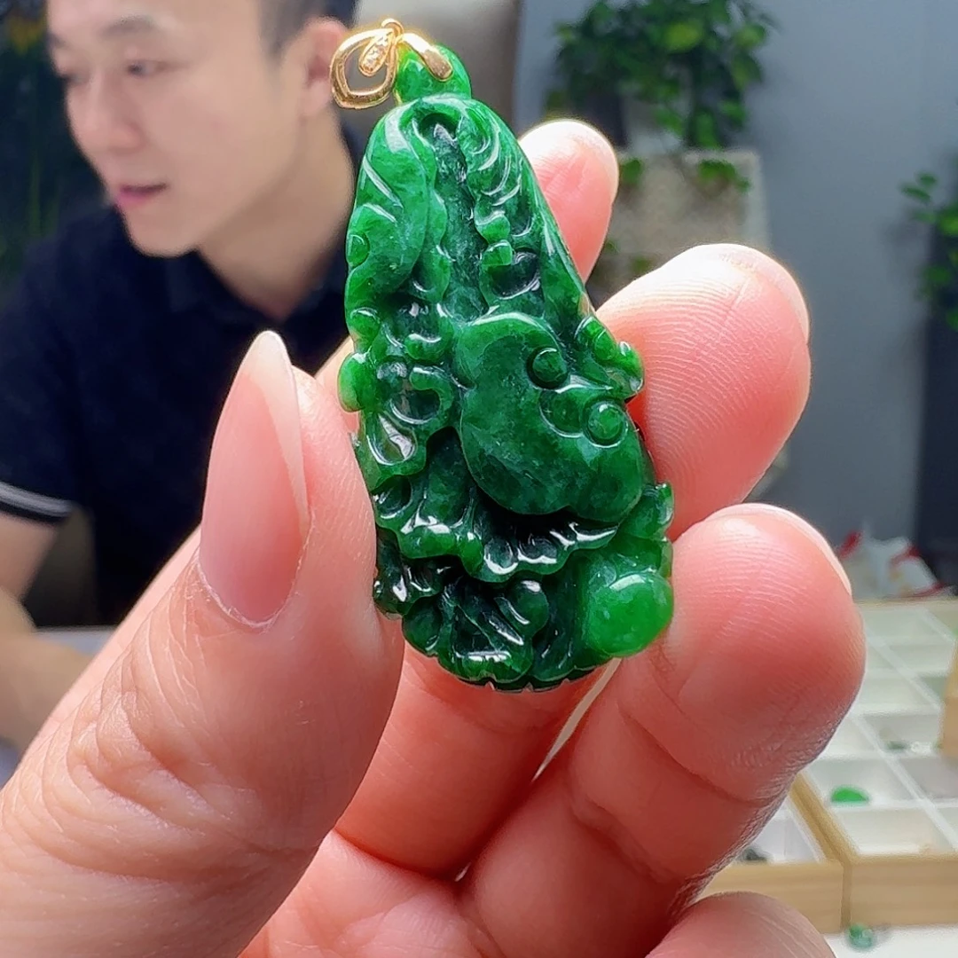 翡翠18K金镶嵌吊坠(不含链)天然