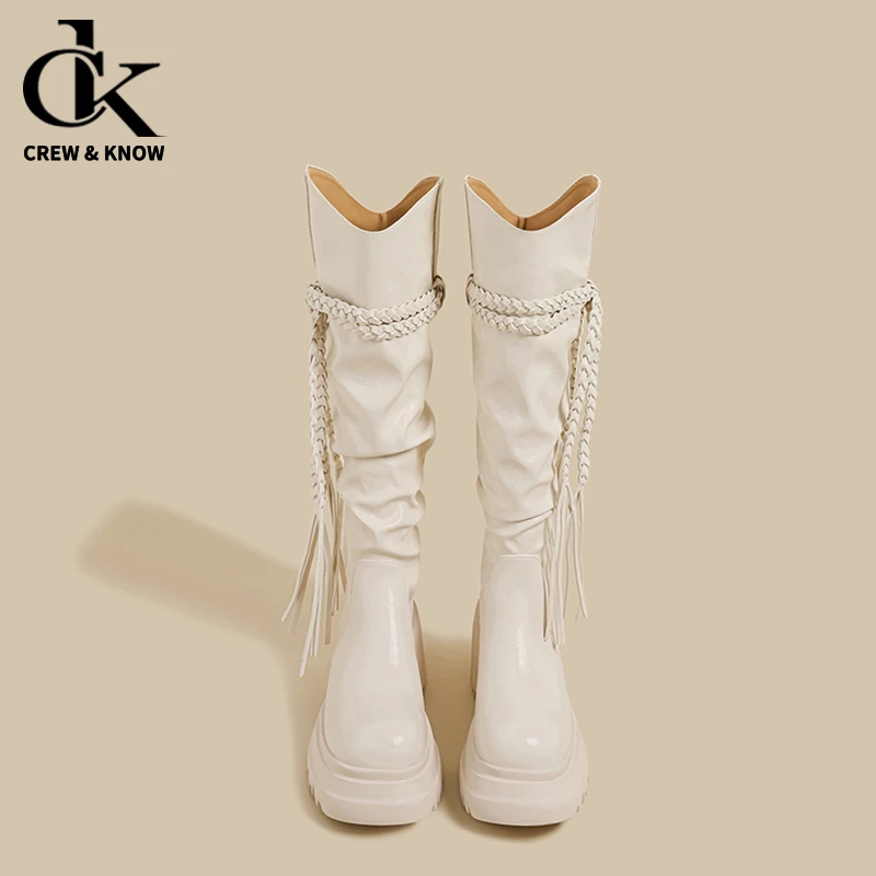 【官网小C&K旗舰店】2025秋冬厚底V口马丁靴女复古棕色编制粗跟靴