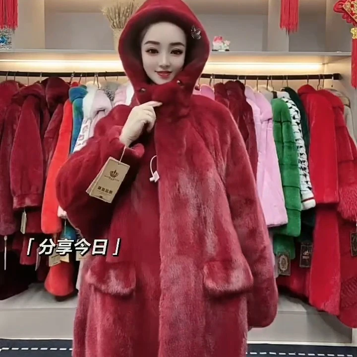 2025新款貂皮大衣女整貂进口水貂天鹅绒皮草外套带帽中长款休闲