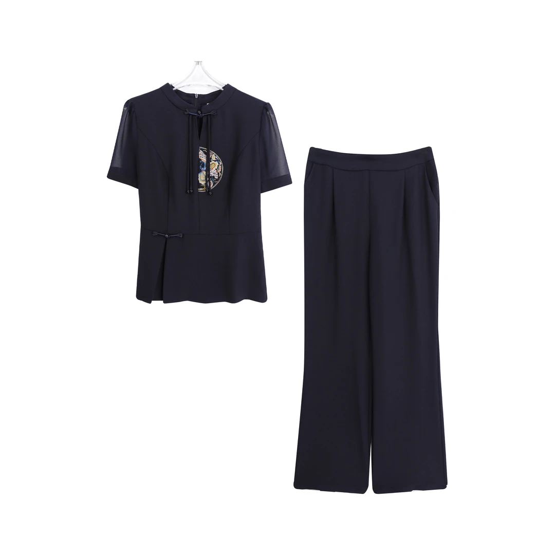 国风拼色短袖小衫直筒长裤气质显瘦雪纺两件套A14070