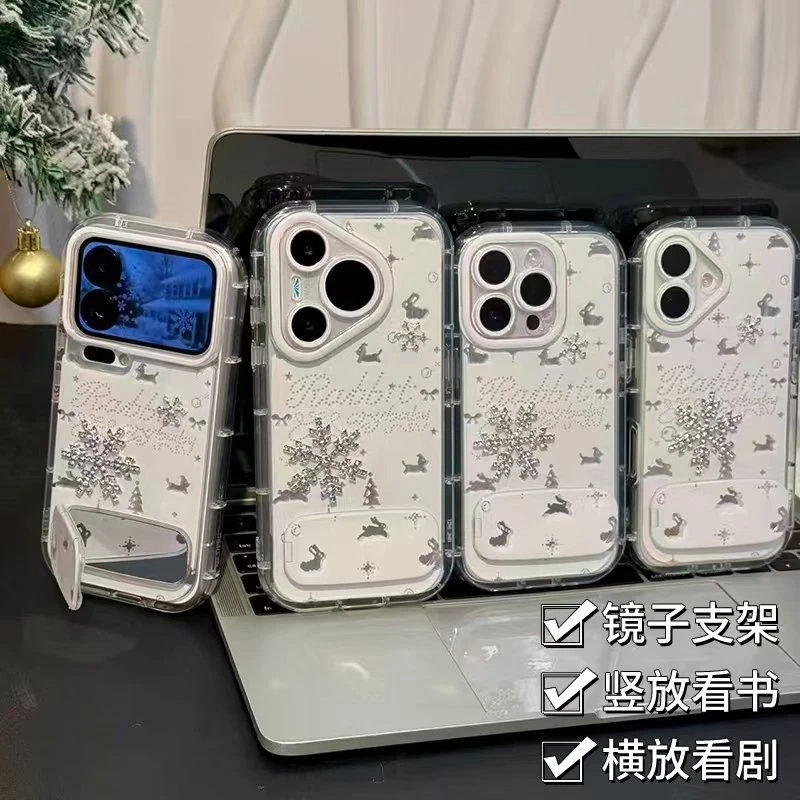 圣诞兔子闪钻雪花适用苹果16promax羽纱手机壳小米17vivo华为oppo
