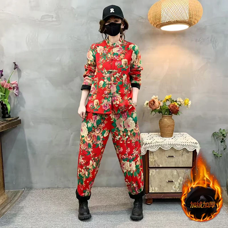 中老年女装民族风裤子大花棉裤冬季外套休闲保暖碎花