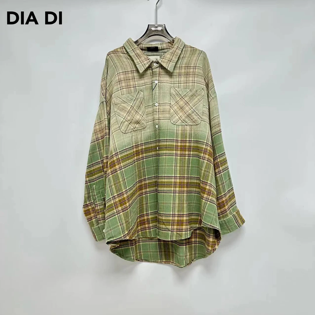 D STUDIO 渐变绿格子衬衫 D1206