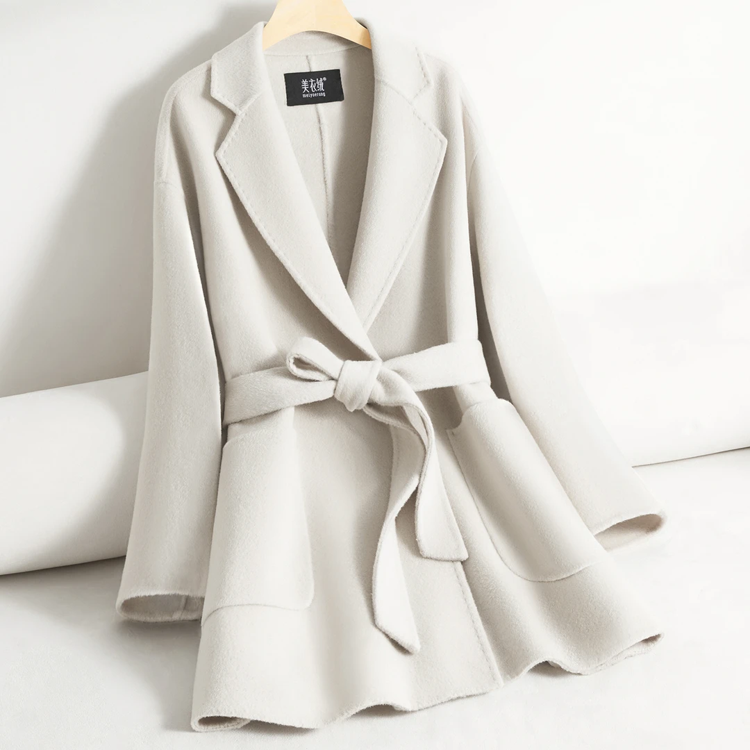 米白色双面羊绒大衣女短款西装领系带显瘦气质羊毛呢外套2025新款